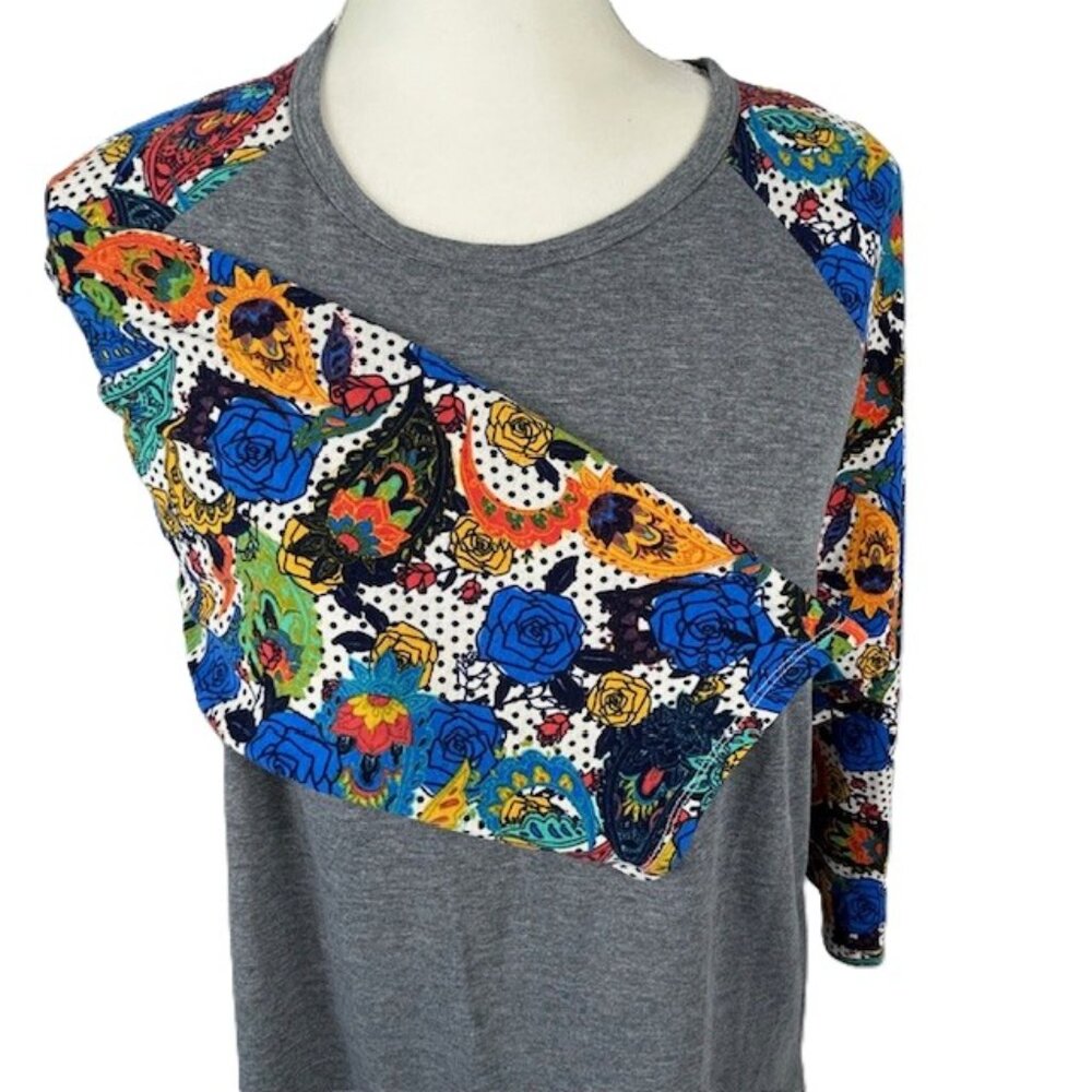LuLaRoe Randy Tunic Top 2XL Baseball T-shirt Roses Blue Yellow Paisley Polka Dot